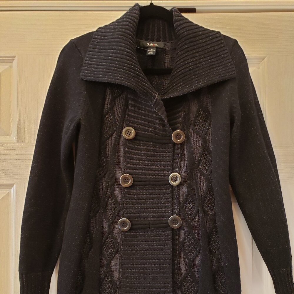 Cardigan sweater - Black - Double breasted - Size M - Tunic length